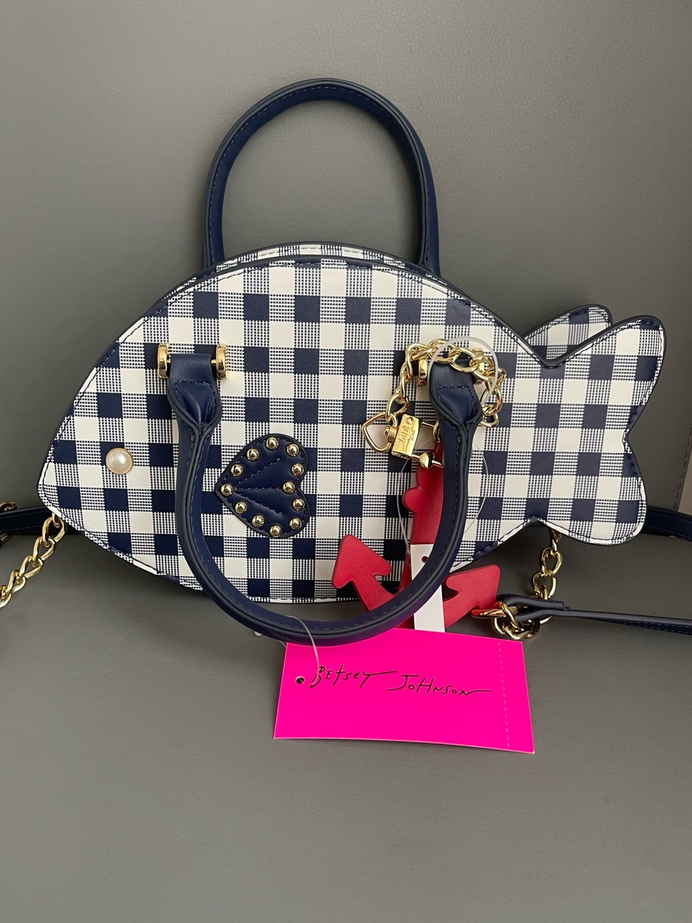 Betsey Johnson XOSEA Gingham Fish Crossbody Handbag Navy Blue Coastal